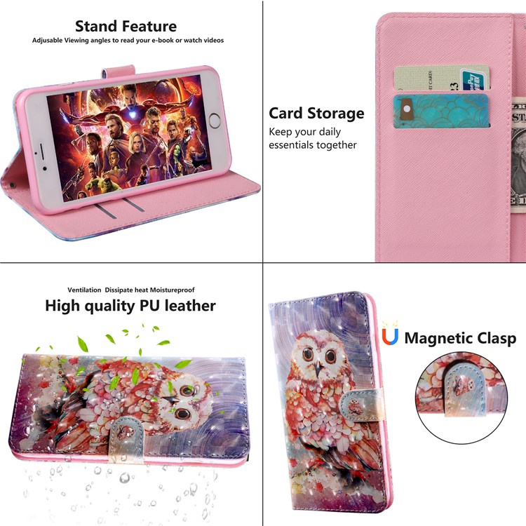 Light Spot Decor Patterned Leather Wallet Stand Case for Xiaomi Redmi Note 8 - Owl-6