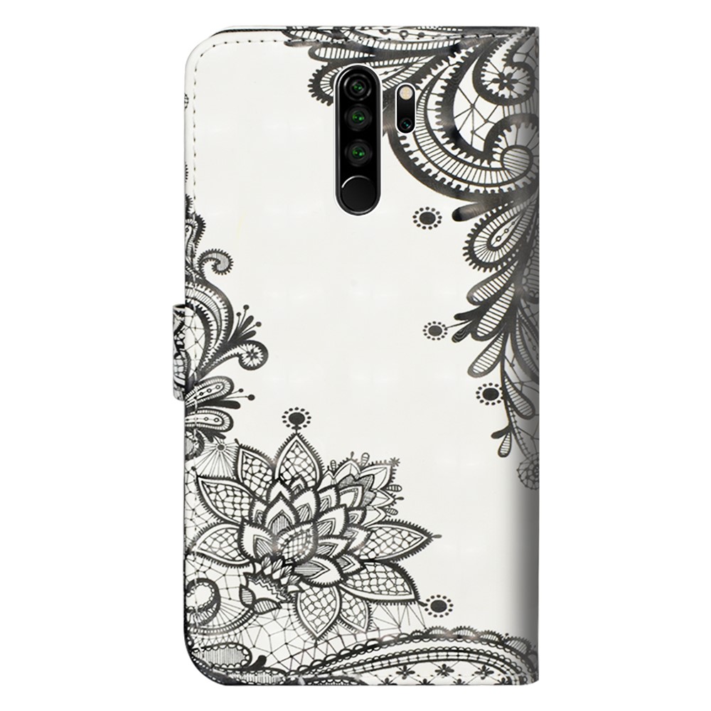 Light Spot Decor Pattern Printing Leather Cover with Stand Wallet Casing for Xiaomi Redmi Note 8 Pro - Black Flower-3