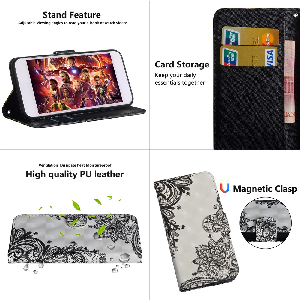 Light Spot Decor Pattern Printing Leather Cover with Stand Wallet Casing for Xiaomi Redmi Note 8 Pro - Black Flower-5