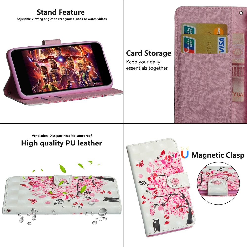 Decoração de Ponto Leve Tampa da Carteira de Couro Estampada Para Xiaomi Redmi Nota 8 - Árvore Rosa-6