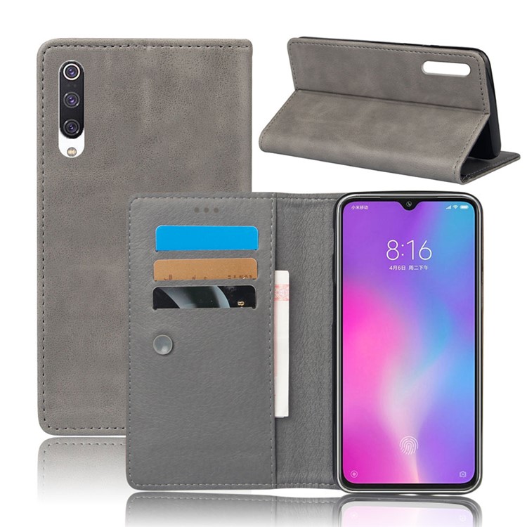 Couro De Cavalo Louco Stand Case Telefone Celular Com Ventosa Para Xiaomi Mi Cc9e / Mi A3 - Cinzento-1