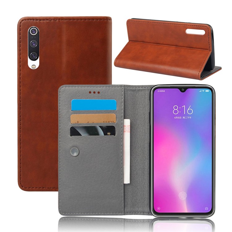 Crazy Horse Leather Stand Mobile Phone Case with Suction Cup for Xiaomi Mi CC9e / Mi A3 - Coffee-1
