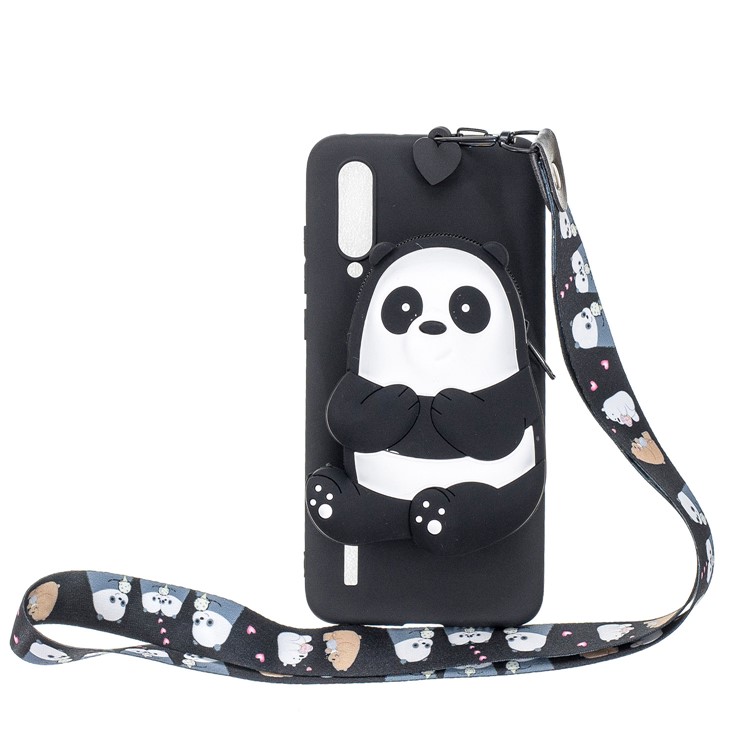 3D Cartoon Animal Shape Wallet Silicone Back Case with Neck Strap for Xiaomi Mi CC9e/Mi A3 - Giant Panda/Black-1