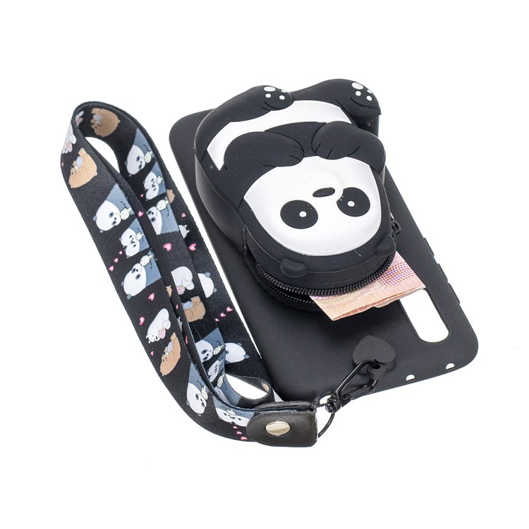 3D Cartoon Animal Shape Wallet Silicone Back Case with Neck Strap for Xiaomi Mi CC9e/Mi A3 - Giant Panda/Black-2