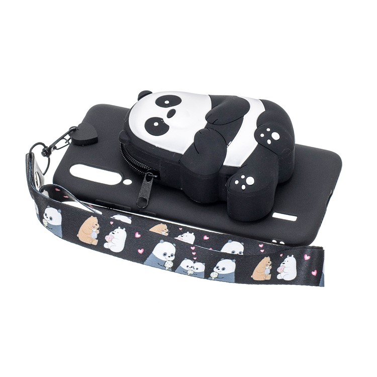 3D Cartoon Animal Shape Wallet Silicone Back Case with Neck Strap for Xiaomi Mi CC9e/Mi A3 - Giant Panda/Black-3