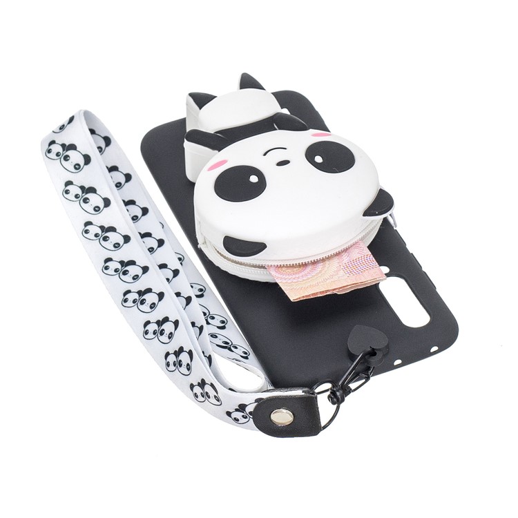 3D Cartoon Animal Shape Wallet Silicone Back Case with Neck Strap for Xiaomi Mi CC9e/Mi A3 - Cute Panda/Black-2
