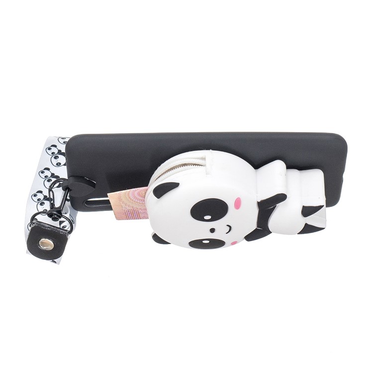 3D Cartoon Animal Shape Wallet Silicone Back Case with Neck Strap for Xiaomi Mi CC9e/Mi A3 - Cute Panda/Black-4