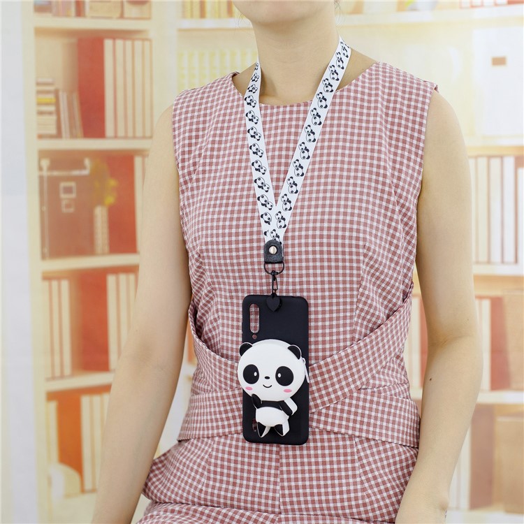 3D Cartoon Animal Shape Wallet Silicone Back Case with Neck Strap for Xiaomi Mi CC9e/Mi A3 - Cute Panda/Black-6