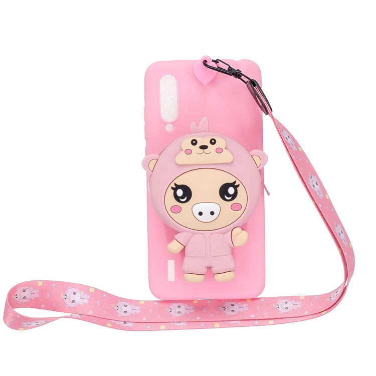 With Strap Wallet Pocket for Xiaomi Mi CC9 / Mi CC9 Meitu Edition/ Mi 9 Lite TPU+Silicone+Nylon Case - Pink Pig-1