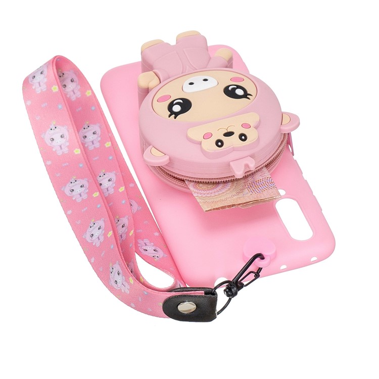 With Strap Wallet Pocket for Xiaomi Mi CC9 / Mi CC9 Meitu Edition/ Mi 9 Lite TPU+Silicone+Nylon Case - Pink Pig-2