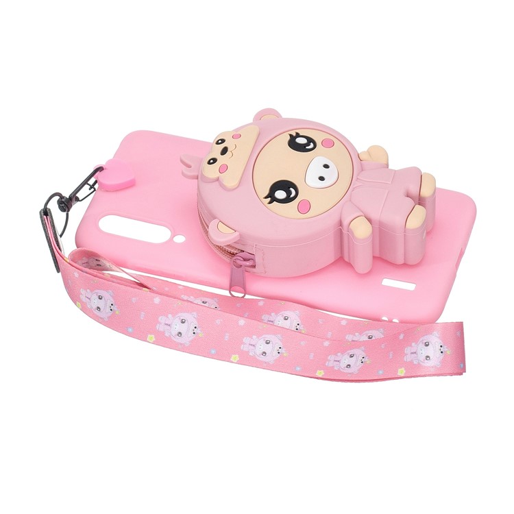 With Strap Wallet Pocket for Xiaomi Mi CC9 / Mi CC9 Meitu Edition/ Mi 9 Lite TPU+Silicone+Nylon Case - Pink Pig-3