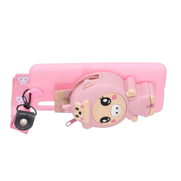 With Strap Wallet Pocket for Xiaomi Mi CC9 / Mi CC9 Meitu Edition/ Mi 9 Lite TPU+Silicone+Nylon Case - Pink Pig-4