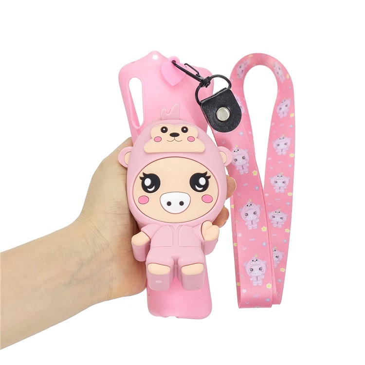 With Strap Wallet Pocket for Xiaomi Mi CC9 / Mi CC9 Meitu Edition/ Mi 9 Lite TPU+Silicone+Nylon Case - Pink Pig-5