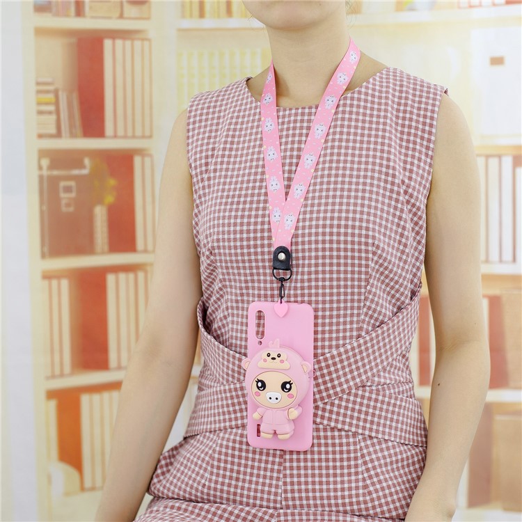 With Strap Wallet Pocket for Xiaomi Mi CC9 / Mi CC9 Meitu Edition/ Mi 9 Lite TPU+Silicone+Nylon Case - Pink Pig-6