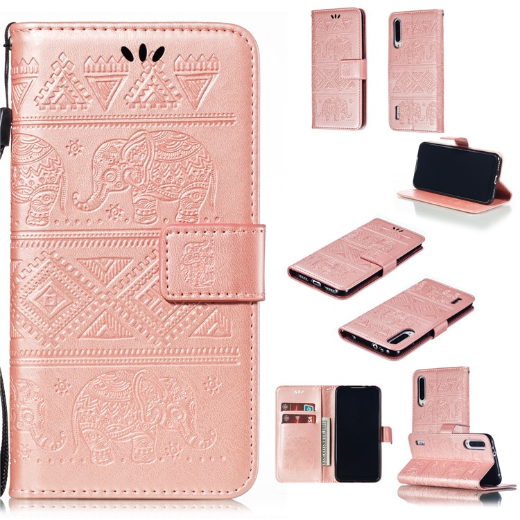 Imprint Elephant Pattern Wallet Stand Flip Leather Phone Cover for Xiaomi Mi CC9e/Mi A3 - Rose Gold-1