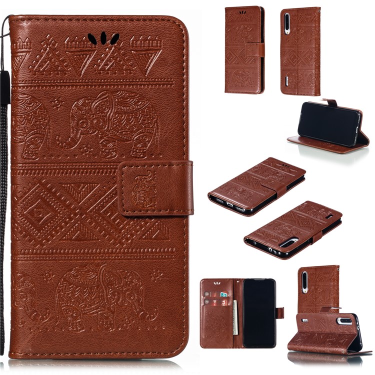 Imprint Elephant Pattern Wallet Stand Flip Leather Phone Cover for Xiaomi Mi CC9e/Mi A3 - Brown-1