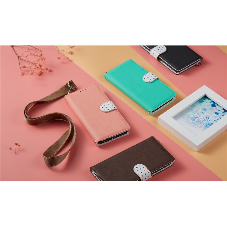 Retro Dots Skin Leather Cover with Strap for Xiaomi Mi CC9e / Mi A3 - Cyan-10