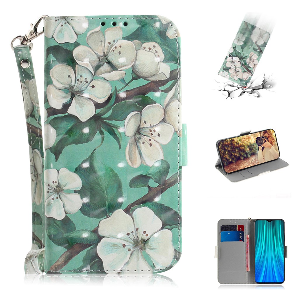 Pattern Printing Leather Wallet Protective Case with Strap for Xiaomi Redmi Note 8 Pro - Flower and Leaf-1