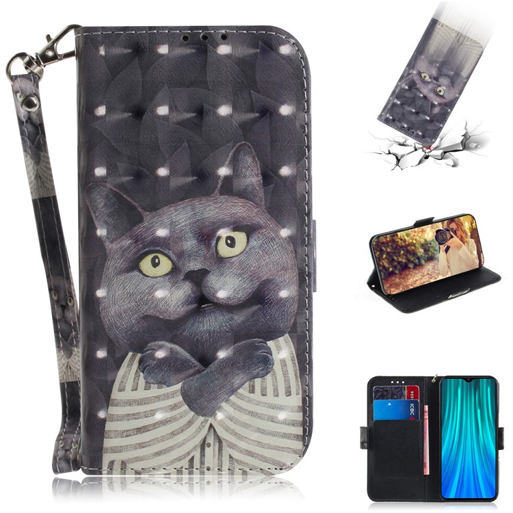 Musterdruck Leder Brieftasche Schutzhülle Mit Gurt Für Xiaomi Redmi Note 8 Pro - Graue Katze-1