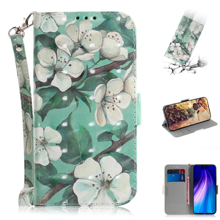 Pattern Printing Leather Wallet Cover Case with Strap for Xiaomi Redmi Note 8 - Flower and Leaf-1