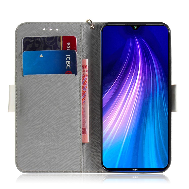 Pattern Printing Leather Wallet Cover Case with Strap for Xiaomi Redmi Note 8 - Flower and Leaf-7