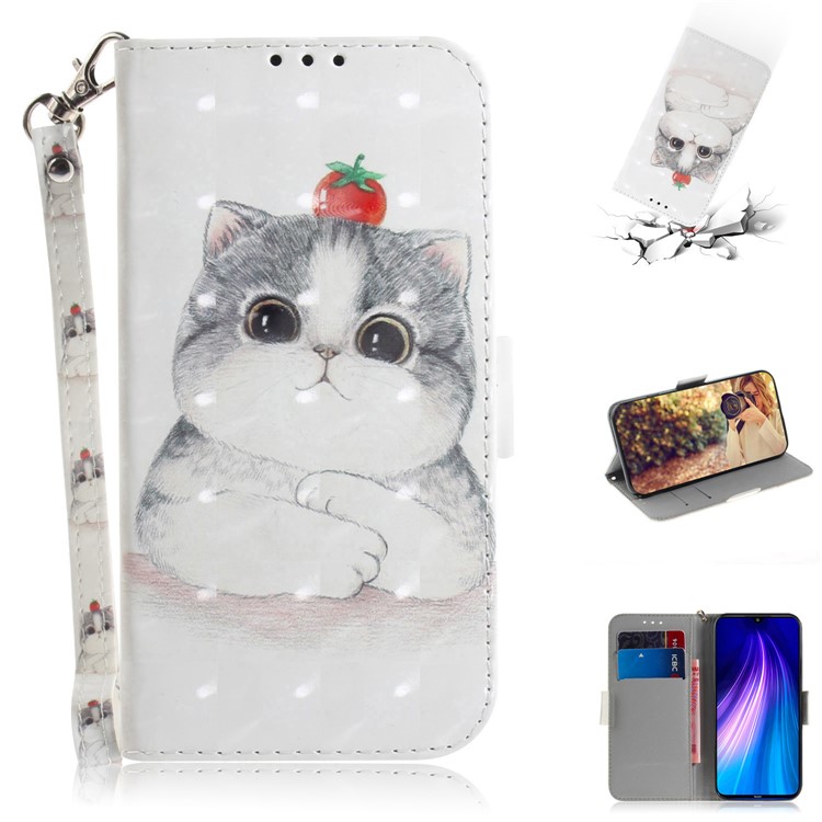 Pattern Printing Leather Wallet Cover Case with Strap for Xiaomi Redmi Note 8 - Cute Cat-1