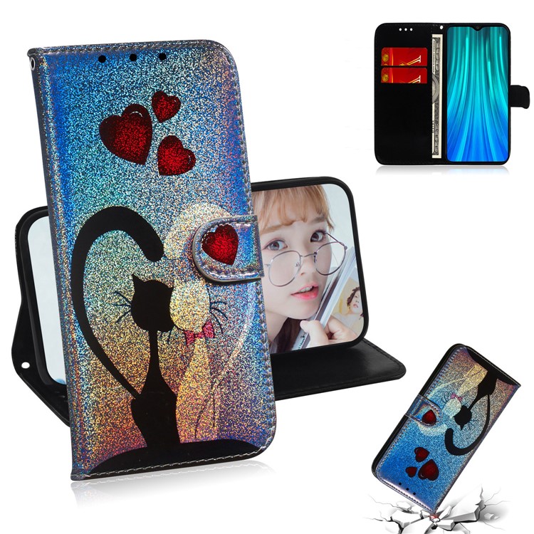 For Xiaomi Redmi Note 8 Pro Pure Color Dazzaling Leather Cell Case with Strap - Cat and Hearts-1