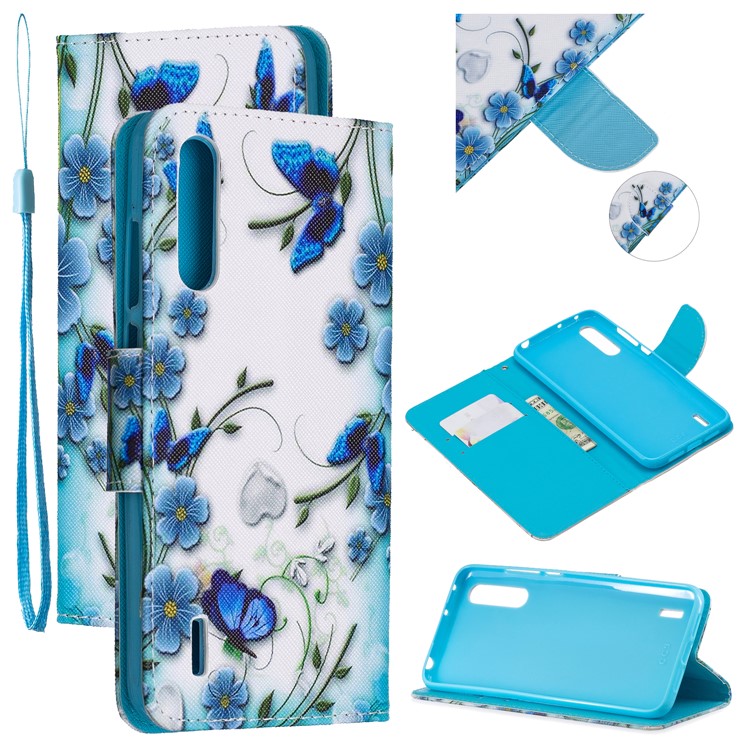 Pattern Printing Leather Stand Wallet Phone Case for Xiaomi Mi CC9e/Mi A3 - Blue Flower and Butterfly-1