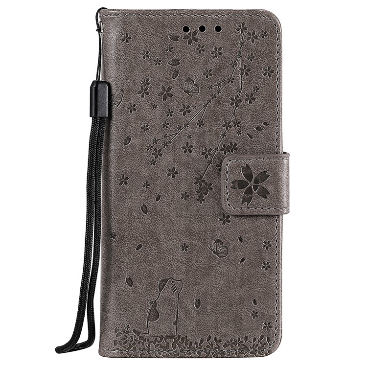 Imprint Sakura Cat Leather Wallet Case for Xiaomi Redmi Note 7 / Note 7 Pro / Note 7S - Grey-1
