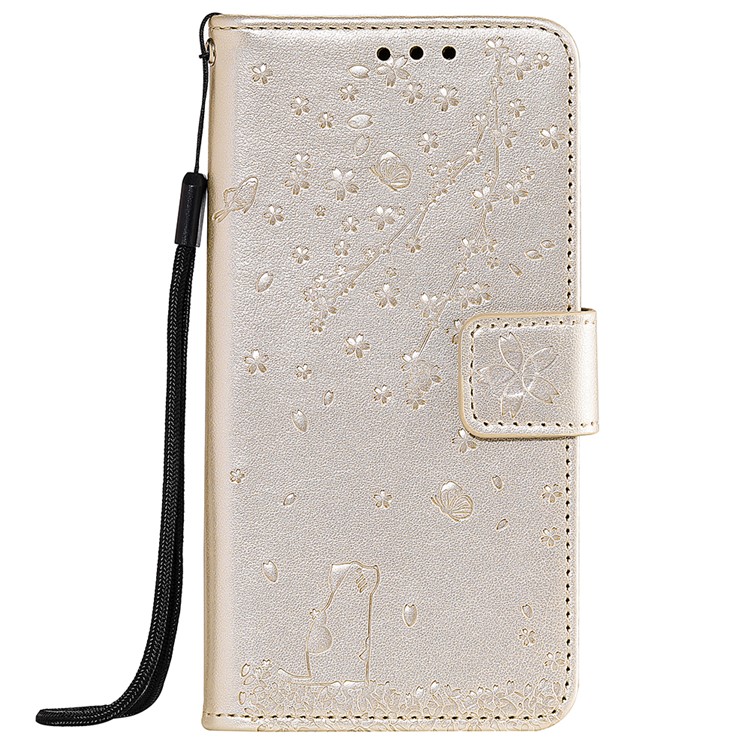 Imprint Sakura Cat Leather Wallet Case for Xiaomi Redmi Note 7 / Note 7 Pro / Note 7S - Gold-1