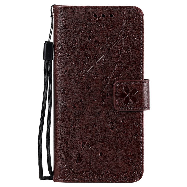 Imprint Sakura Cat Leather Wallet Case for Xiaomi Redmi Note 7 / Note 7 Pro / Note 7S - Coffee-1