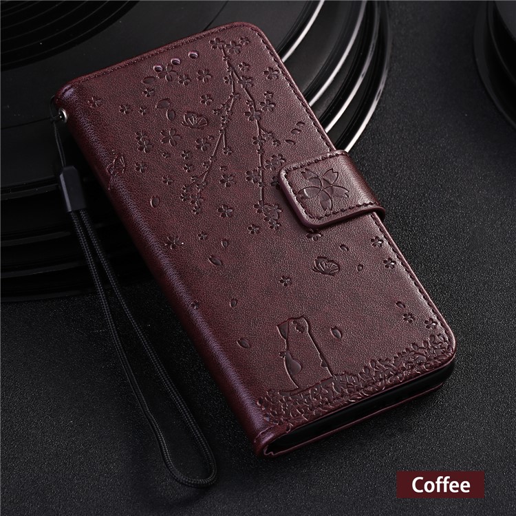 Imprint Sakura Cat Leather Wallet Case for Xiaomi Redmi Note 7 / Note 7 Pro / Note 7S - Coffee-6