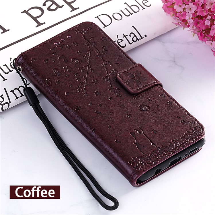 Imprint Sakura Cat Leather Wallet Case for Xiaomi Redmi Note 7 / Note 7 Pro / Note 7S - Coffee-7