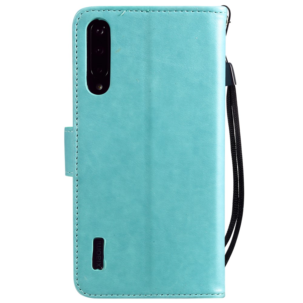 Imprint Sakura Cat Leather Stand Case with Card Slots for Xiaomi Mi CC9e / Mi A3 - Cyan-2