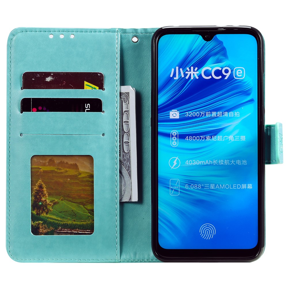 Imprint Sakura Cat Leather Stand Case with Card Slots for Xiaomi Mi CC9e / Mi A3 - Cyan-3