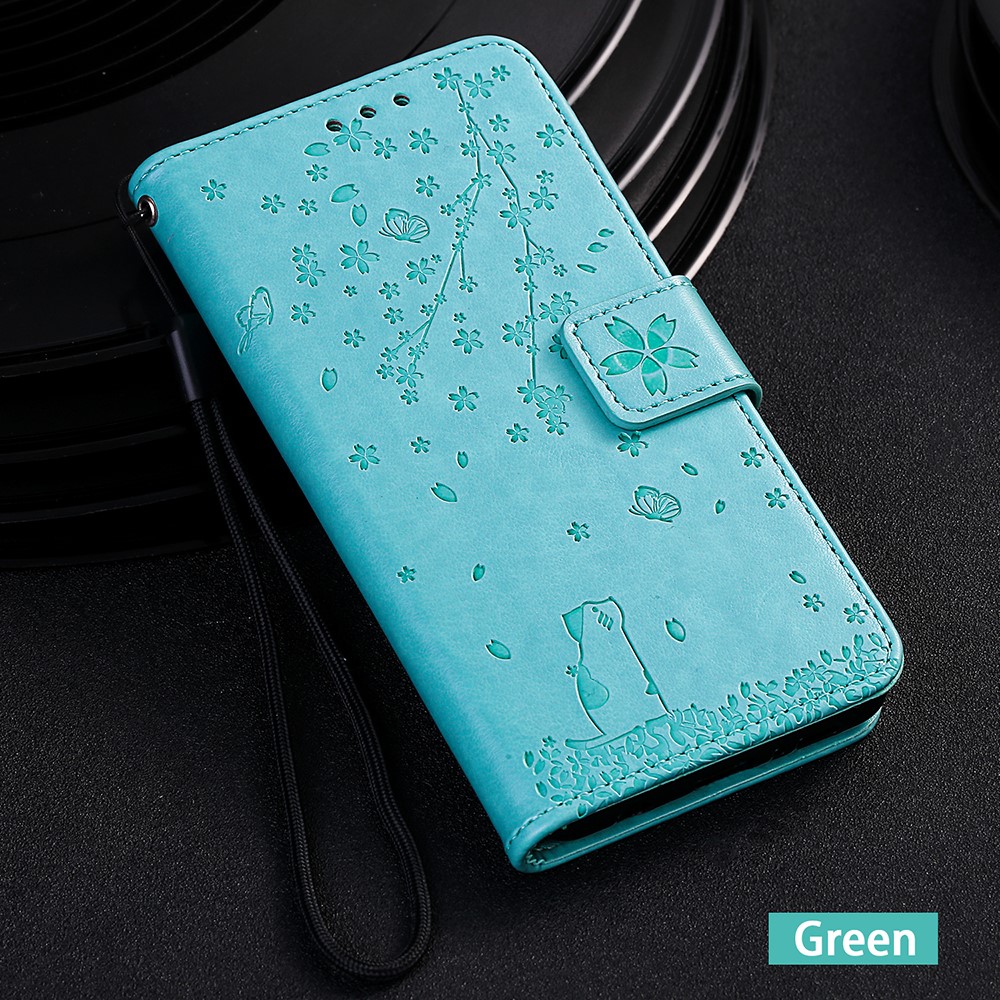 Empreinte Sakura Cat en Cuir en Cuir Avec Emplacements Pour Cartes Pour Xiaomi Mi Cc9e / mi A3 - Cyan