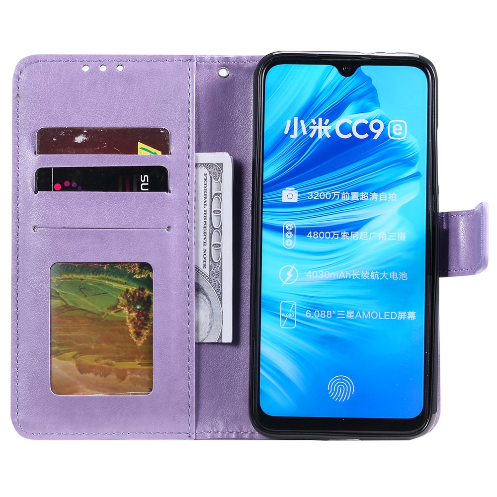 Imprint Sakura Cat Leather Stand Case with Card Slots for Xiaomi Mi CC9e / Mi A3 - Purple-3