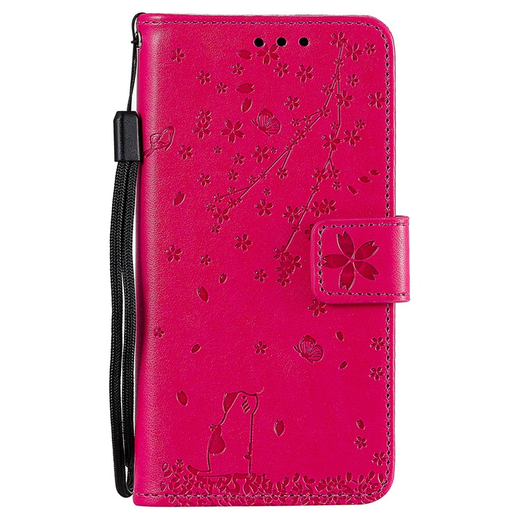 Imprint Sakura Cat Leather Stand Case with Card Slots for Xiaomi Mi CC9e / Mi A3 - Rose-1