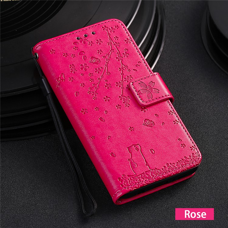 Imprint Sakura Cat Leather Stand Case with Card Slots for Xiaomi Mi CC9e / Mi A3 - Rose-6