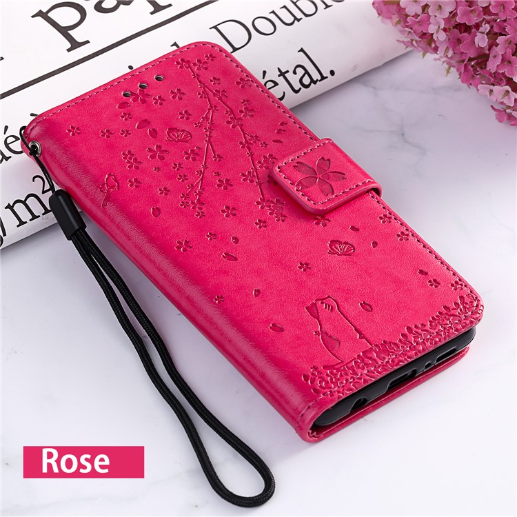 Empreinte Sakura Cat en Cuir en Cuir Avec Emplacements Pour Cartes Pour Xiaomi Mi Cc9e / mi A3 - Rose-7