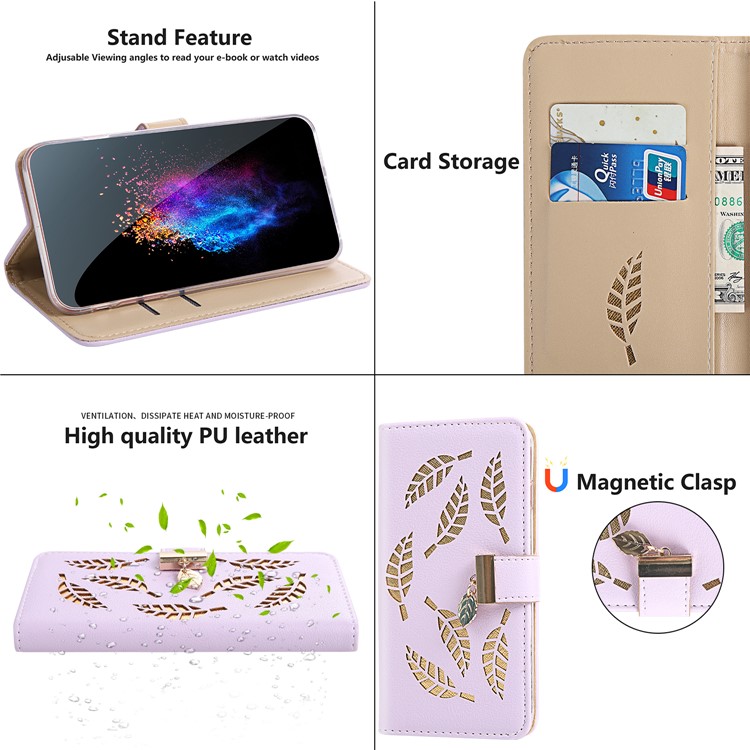 Leaf Pattern Flip Leather Wallet Phone Cover for Xiaomi Redmi Note 7S/7/7 Pro (India) - Purple-8