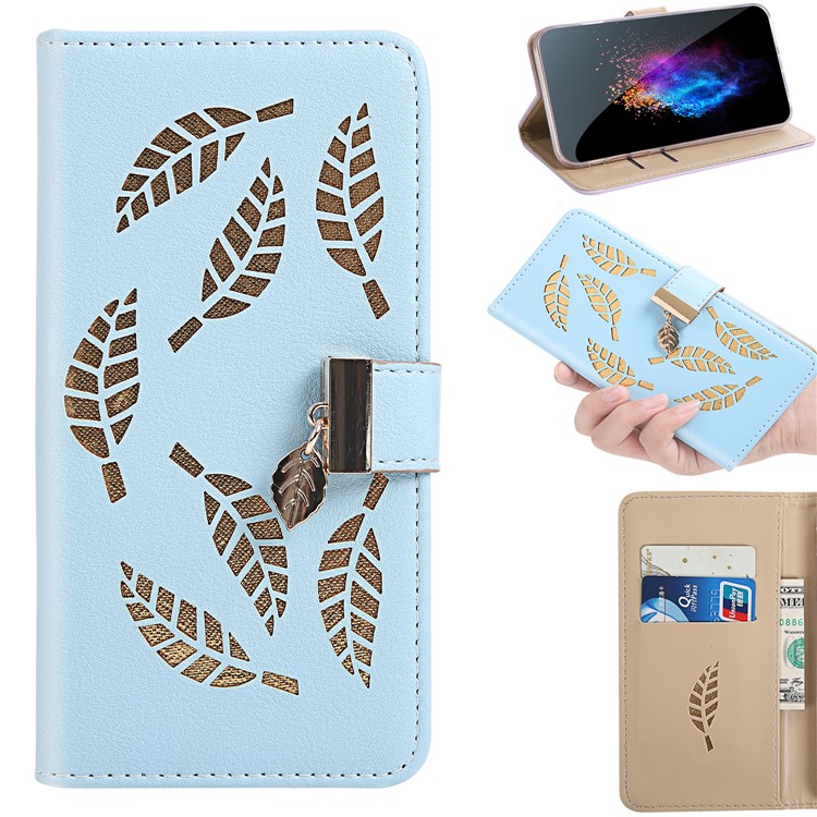 Leaf Pattern Leather Wallet Case for Xiaomi Redmi Note 8 Pro - Blue-1