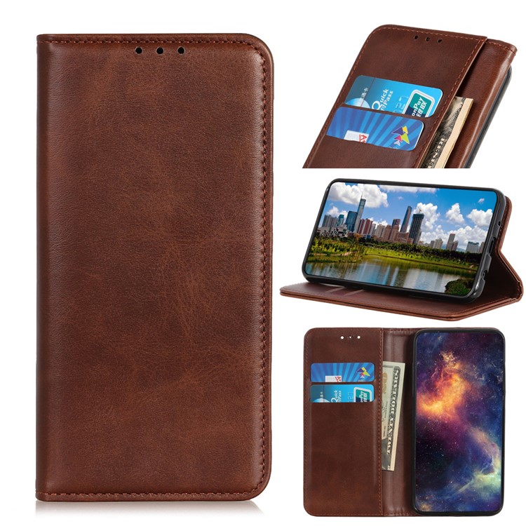 Auto-absorbed Split Leather Wallet Casing Cover for Xiaomi Redmi Note 8 Pro - Coffee-1