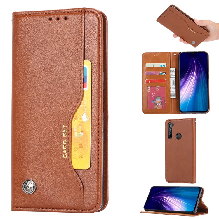 Auto-absorbed Leather Wallet Case Cover for Xiaomi Redmi Note 8 - Brown-1