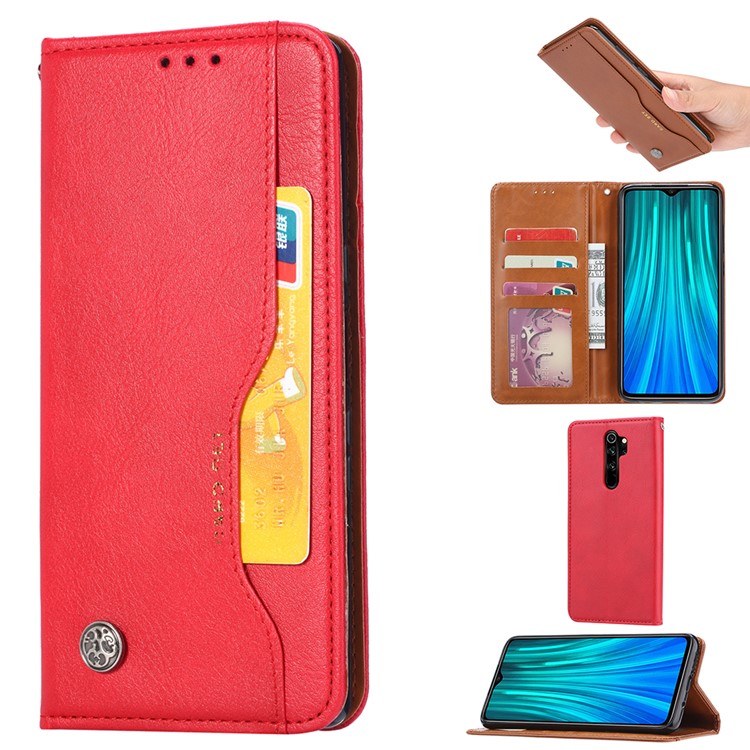 Auto-absorbed Leather Wallet Case for Xiaomi Redmi Note 8 Pro - Red-1