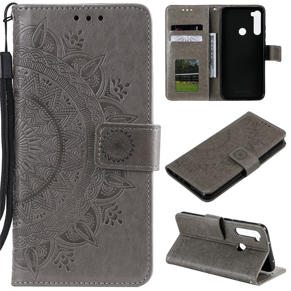 Imprint Flower Leather Wallet Case Cover for Xiaomi Redmi Note 8 - Grey-1