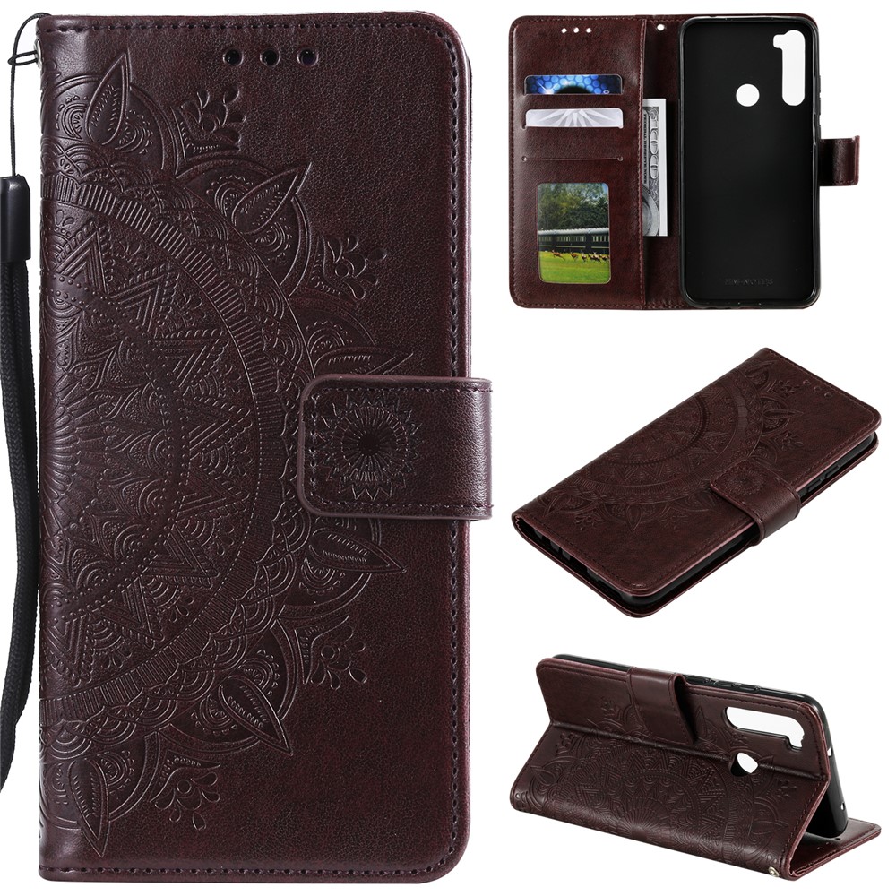 Imprint Flower Leather Wallet Case Cover for Xiaomi Redmi Note 8 - Coffee-1