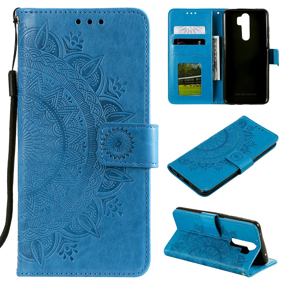 Imprint Flower Leather Wallet Phone Casing for Xiaomi Redmi Note 8 Pro - Blue-1