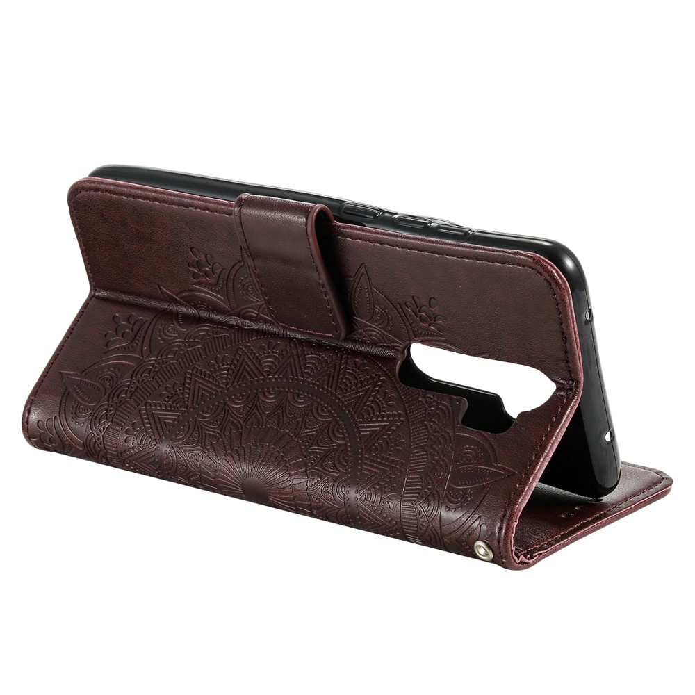 Imprint Flower Leather Wallet Phone Casing for Xiaomi Redmi Note 8 Pro - Brown-5