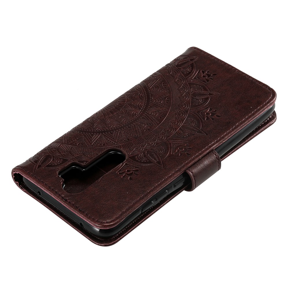 Imprint Flower Leather Wallet Phone Casing for Xiaomi Redmi Note 8 Pro - Brown-8